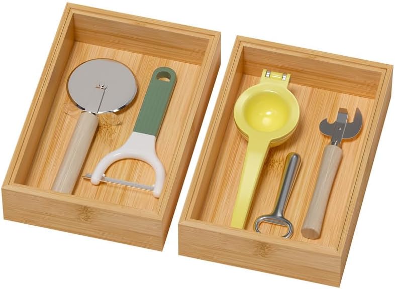 Lixple Bamboo Drawer Organizer, Cutlery Silverware Organizer for Kitchen Drawer, Stackable Utensil Organizer, 2 Pcs Flatware Organizer for Drawer, Wooden Storage Box Tray (Bamboo, 9 X 6 X 2 Inch) - Image 1